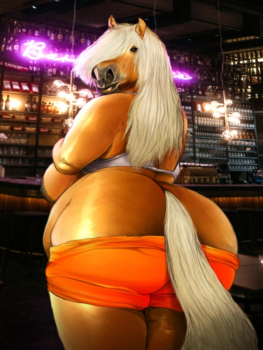 1girls absurd_res anthro areola ass band1tnsfw bangs bar_counter belly belly_overhang big_areola big_breasts big_butt big_nipples blonde_hair bottomwear breasts brown_body brown_eyes brown_fur butt clothed clothing counter dark_areola digital_drawing_(artwork) digital_media_(artwork) equid equine female female_anthro female_focus female_only fur hair hi_res hips horse looking_at_viewer looking_back looking_back_at_viewer mammal neon_sign nipples orange_bottomwear orange_clothing orange_shorts overweight overweight_anthro overweight_female platinum_blonde_hair pose raised_clothing raised_shirt raised_topwear restaurant sagging_breasts shirt shorts sign solo solo_female thick_thighs thighs tight_bottomwear tight_clothing topwear white_clothing white_shirt white_topwear wide_hips