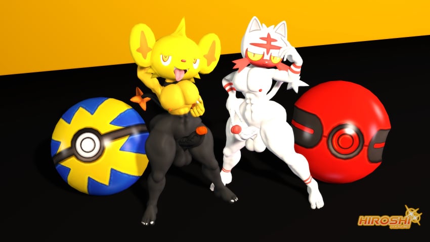 2boys 3d 3d_(artwork) alternate_version cat_tail completely_nude feline flexing furry furry_male litten male male_only nintendo nude_male penis pokémon_(species) poke_ball pokemon saiyangoku4_(artist) shinx shiny_pokemon