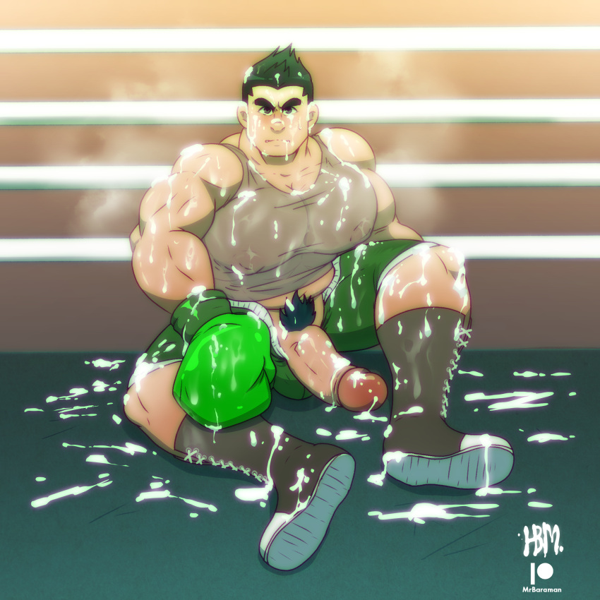 balls bara biceps big_penis blush bulge clothing cum erection genital_fluids little_mac male male_only male_pubic_hair mrbaraman muscular_male nintendo pecs penis punch_out sweat sweating tight_clothing