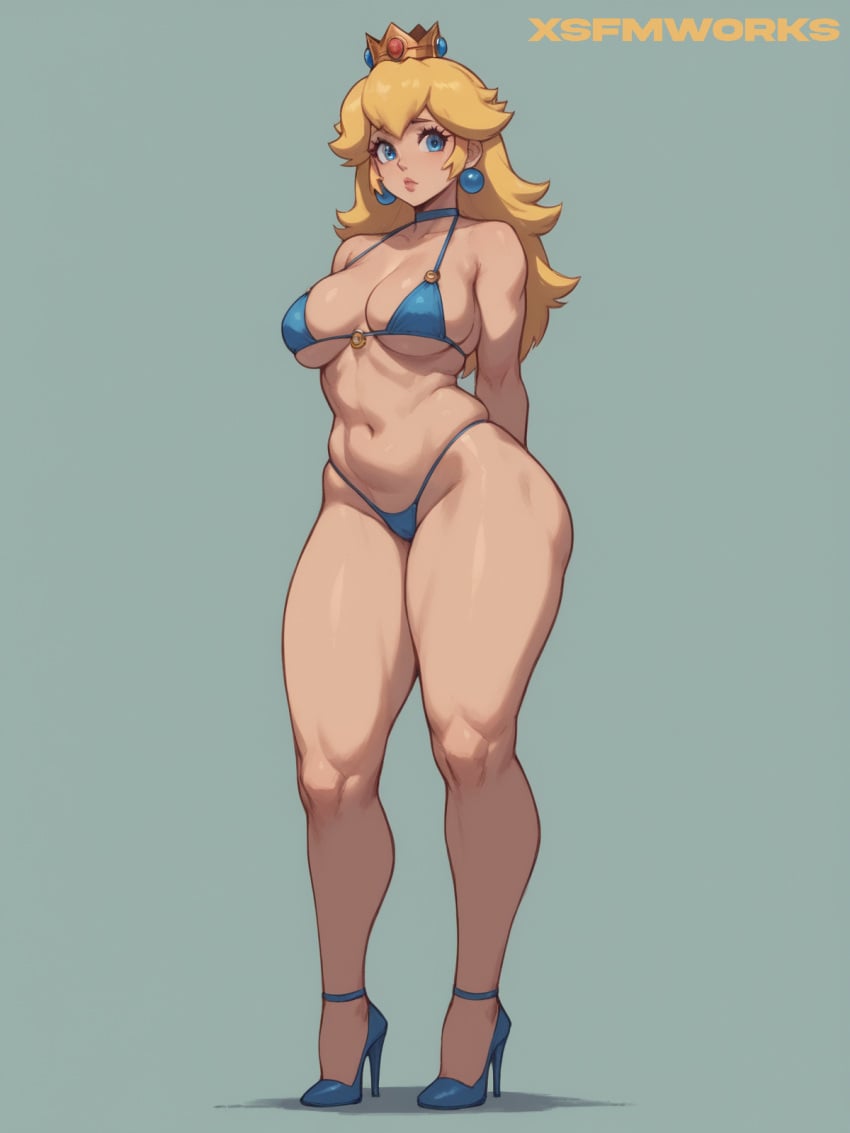 1girls ai_generated arms_behind_back bikini blonde_hair blue_bikini blue_eyes blue_footwear breasts calves choker cleavage clothing crown curvaceous earrings female female_only footwear full_body grey_background headwear high_heels highleg highleg_bikini jewelry knees large_breasts lips long_hair looking_at_viewer mario_(series) micro_bikini navel perfect_legs princess_peach self_upload shoes simple_background skindentation solo standing strap_gap swimsuit thick_thighs thighs thighs_together underboob wide_hips xsfmworks