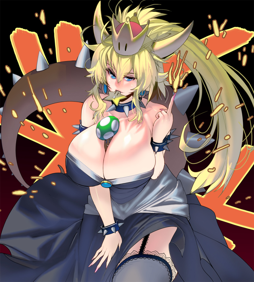 big_breasts blonde_hair blue_eyes bowsette breasts crown female female_only genderswap horns huge_breasts mario_(series) masao middle_finger new_super_mario_bros._u_deluxe nintendo