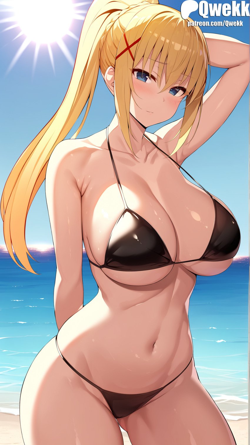 1girls ai_generated big_breasts blonde_hair breasts cute darkness_(konosuba) female female_focus female_only kono_subarashii_sekai_ni_shukufuku_wo! large_breasts light-skinned_female light_skin long_hair looking_at_viewer naked qwekk straight_hair sweat