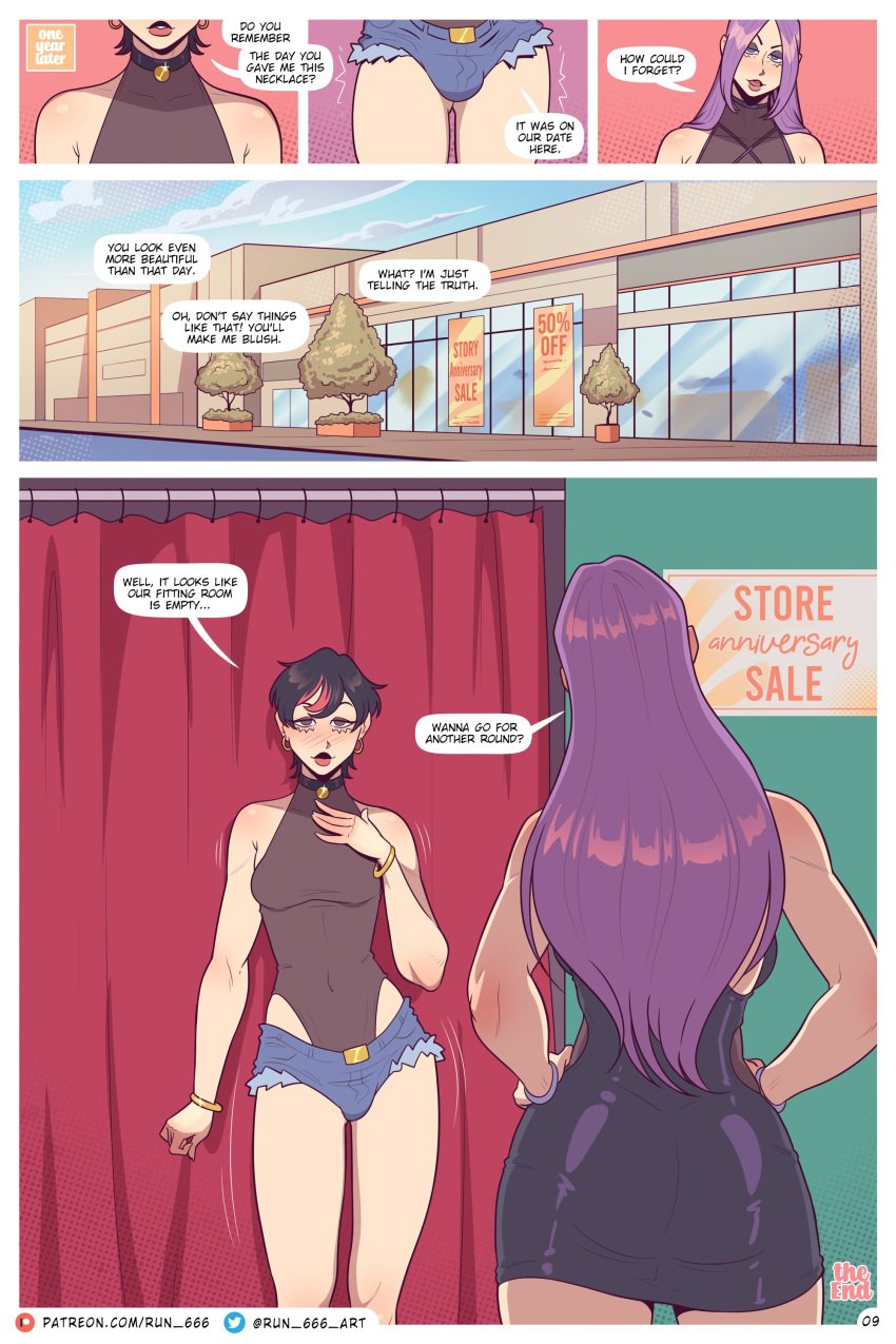 1futa 1girls 2024 breast_growth bulge bulge_through_clothing clothed clothing comic comic_page dialogue english_text femdom feminization fully_clothed futanari futanari_transformation human leotard light_skin male_to_futa medium_breasts purple_eyes purple_hair run_666 shorts standing text time_skip