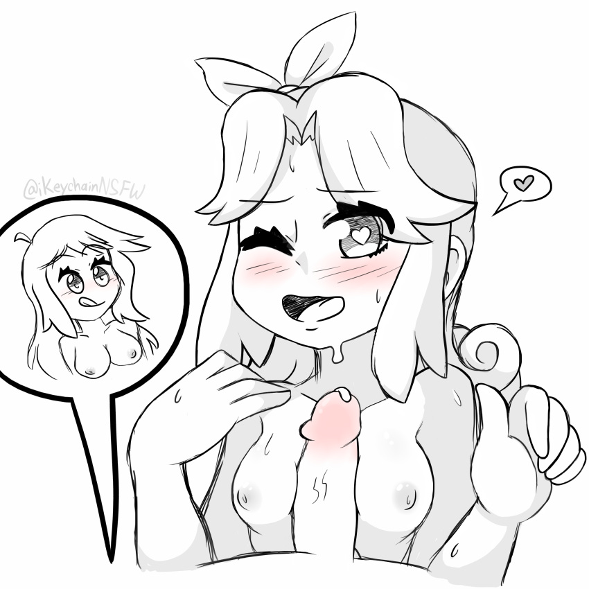 1futa 1girls 2d abigail_(stardew_valley) breasts colorless erection erin_(ikeychain) female futa_on_female futanari heart heart-shaped_pupils human ikeychain long_hair nude one_eye_closed original original_character paizuri penis ribbon smile smiling smiling_at_viewer standing stardew_valley trans_(lore) trans_woman_(lore)