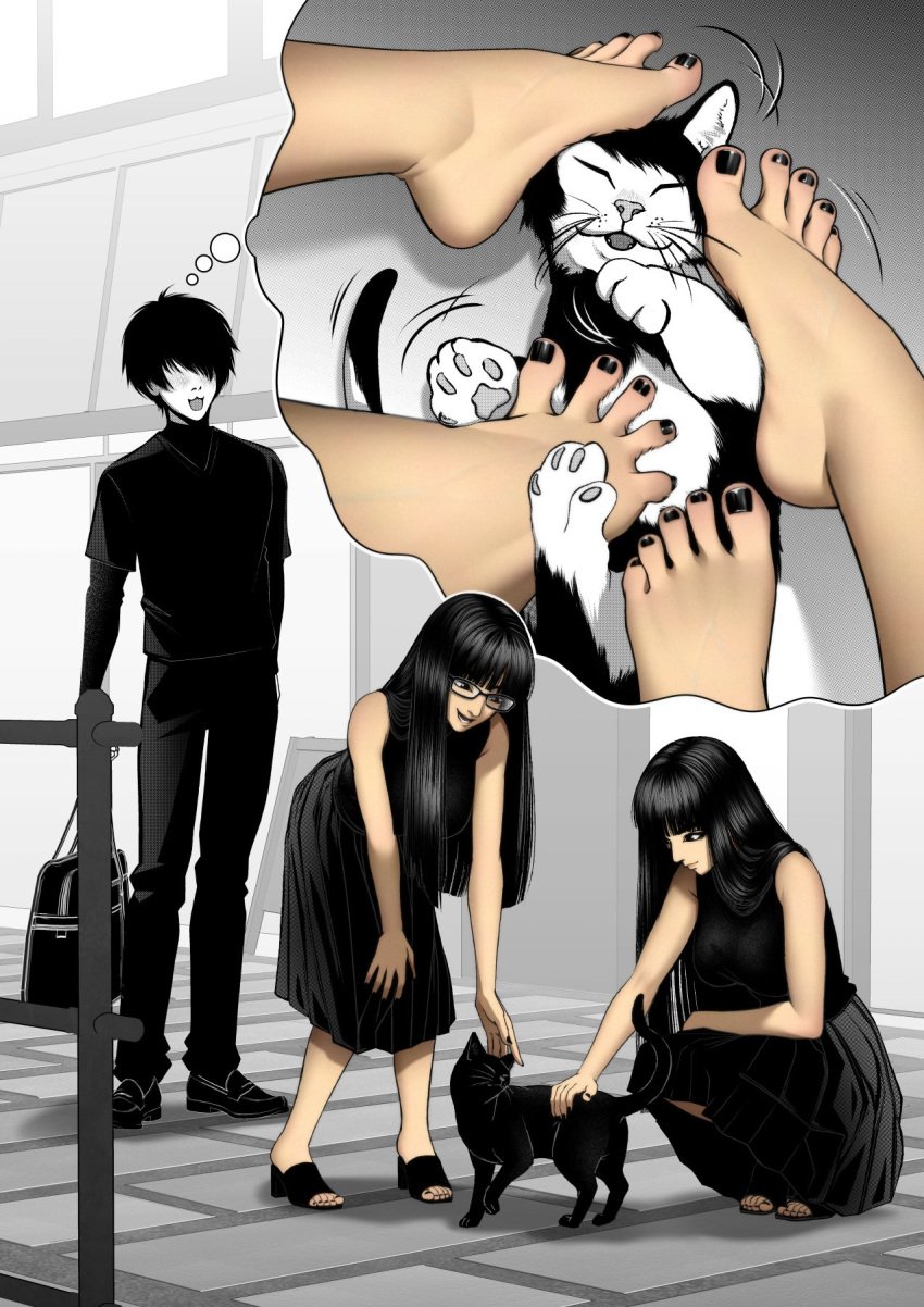 1boy 2girls barefoot blush fantasizing feet feline foot_fetish glasses imagining kidetic kusujinn oc painted_nails petting sisters tagme tied_to_twins tongue_out twins