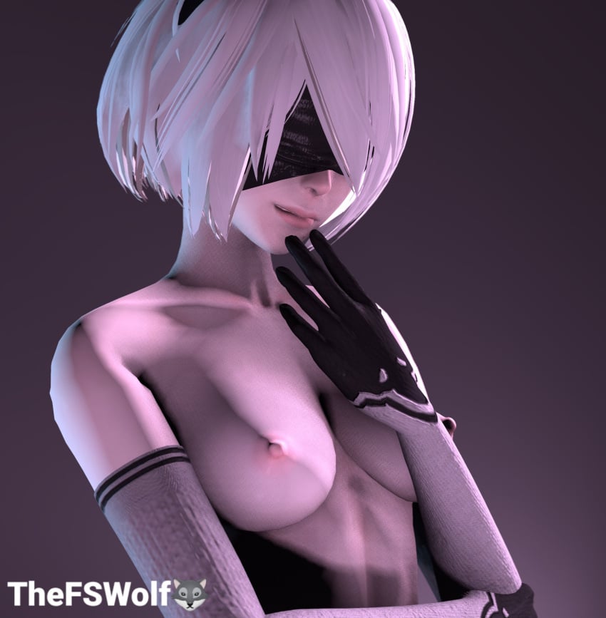 3d android android_girl black_gloves eyes_covered hand_on_face hand_on_head handwear looking_at_viewer nier nier:_automata nier_(series) pink_background smile smiling smiling_at_viewer tfswolf white_hair yorha_2b