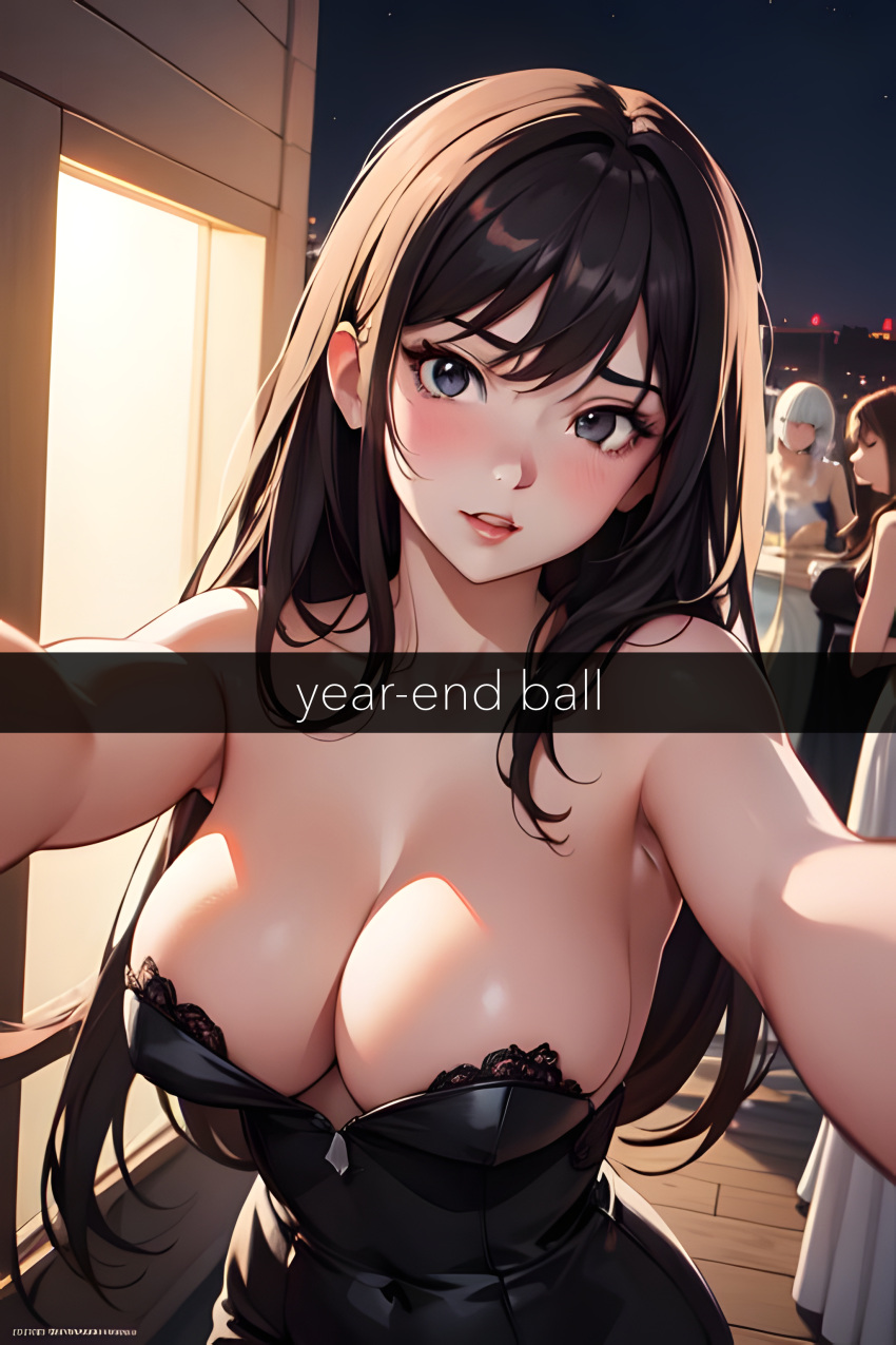 1girls ai_generated ball big_breasts big_lips black_dress brown_eyes brown_hair brunette_hair choker cleavage dress elegant elegant_dress face female half-dressed kuku massive_breasts mommy open_clothes open_dress portrait screenshot selfie shaded shadow slightly_open_mouth smile snapchat social_media text