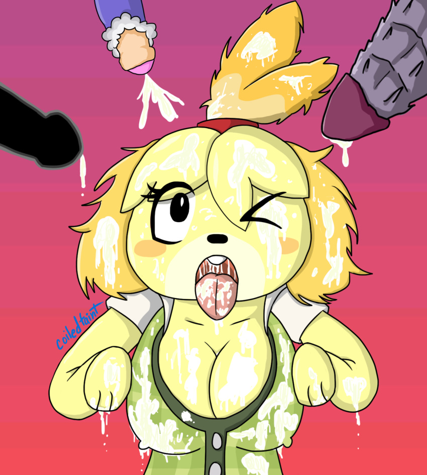 3boys alien animal_crossing anthro breasts bukkake cleavage crossover cum female fur furry game_and_watch human ice_climber interspecies isabelle_(animal_crossing) large_breasts metroid mr._game_and_watch nintendo panting popo_(ice_climber) ridley ridley_(metroid) super_smash_bros. upper_body