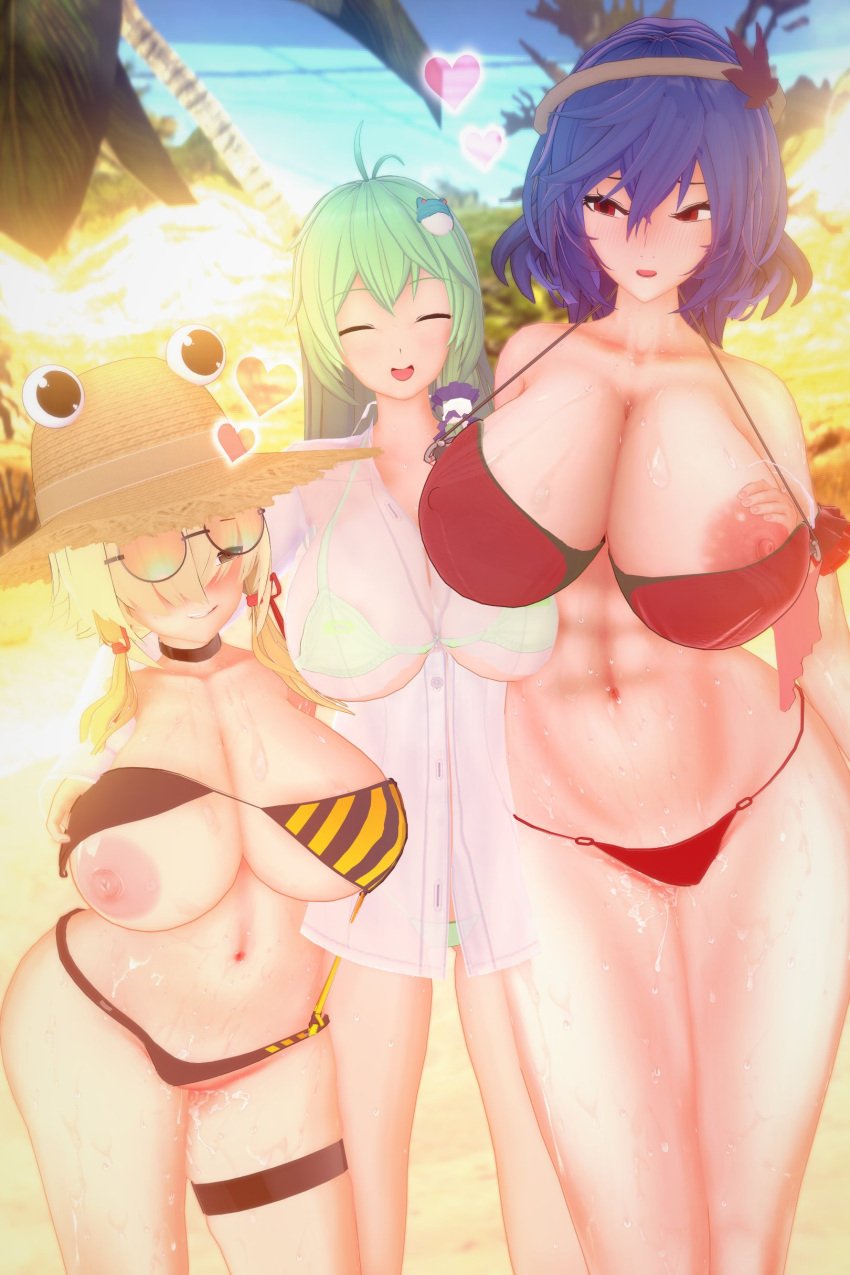 3d 3d_(artwork) 3girls after_sex areolae beach belly_button big_breasts bikini blonde_hair blush bra breast_grab breasts breasts_bigger_than_head closed_eyes clothed curvy curvy_figure erect_nipples glasses goddess green_hair hand_on_breast heart huge_breasts human kanako_yasaka large_breasts nipples purple_hair red_eyes sanae_kochiya smiling suwako_moriya thick_thighs thighs touhou touhou_weird_storage