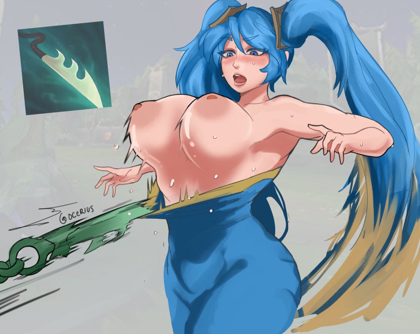 1girls assisted_exposure big_nipples blue_clothing blue_eyes blue_hair blush blushing breasts breasts_bigger_than_head breasts_out busty dark_nipples dress embarassed embarrassed embarrassed_nude_female female female_focus female_only gameplay_mechanics gasping heavy_breasts huge_breasts inverted_nipples league_of_legends league_of_legends:_wild_rift long_hair massive_breasts mature mature_female milf mute nervous_sweat nipples ocerius open_mouth ponytail ponytails pyke revealing_breasts riot_games shocked shocked_expression shocked_eyes simple_background sona_buvelle standing surprised sweat sweating thick_ass topless topless_female torn_clothes torn_dress twintails very_long_hair voluptuous voluptuous_female wardrobe_malfunction wide_hips