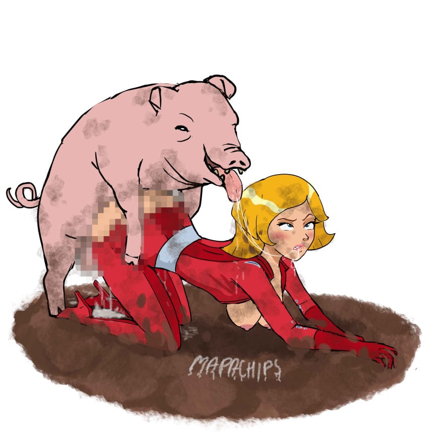 all_fours belt bent_over bestiality blonde_hair boots censored clover_(totally_spies) commission defeated defeated_heroine dirt dirty dirty_blonde_hair doggy_style from_behind gloves heroine interspecies latex_suit mapachips mud muddy_boots muddy_hair pig pixiv pixiv_commission sex totally_spies white_background zoophilia