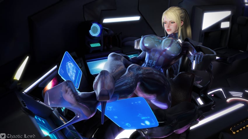 3d blonde_hair chaotic_lewd erect_nipples feet feet_up high_heels large_breasts laying_on_back legs legs_up metroid samus_aran scifi see-through see-through_clothing shiny_clothes spaceship thick_hips thick_lips transparent_clothing watermark zero_suit zero_suit_samus