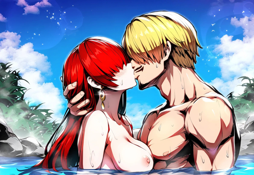 1boy 1girls ai_generated blonde_hair crossover crossover_pairing dreson female hair_over_eyes huge_breasts implied_sex king_of_fighters kissing large_breasts light-skinned_female light-skinned_male light_skin long_hair male muscular_male nai_diffusion nude nude_female nude_male one_piece red_hair sanji_kiss_shermie sauna shermie_(kof) shounen_jump snk vinsmoke_sanji voluptuous voluptuous_female