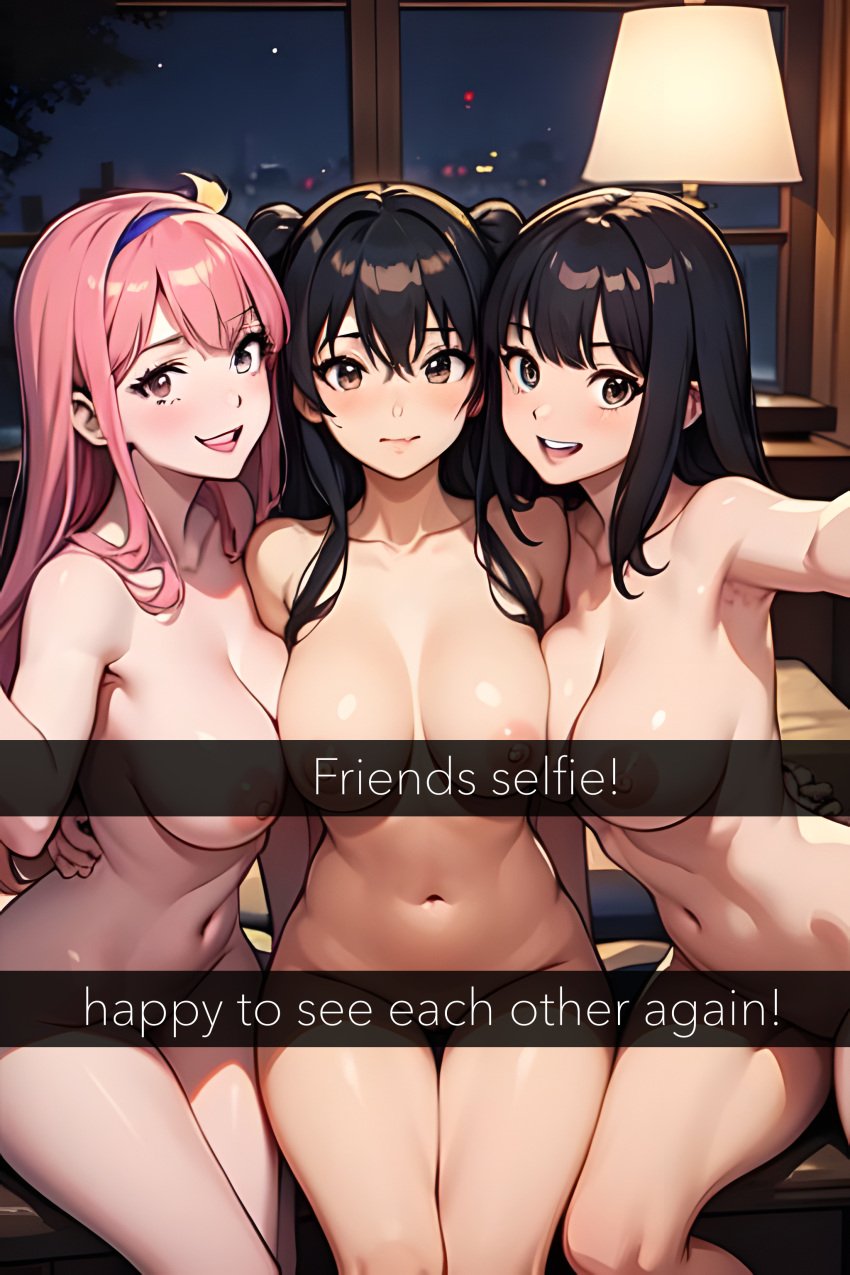 3females 3girls ai_generated big_breasts black_hair blush breasts cleavage cowboy_shot dark_hair earrings elegant evening evening_dress female female_only flashing flashing_breasts friends half-dressed half_naked half_nude holding_underwear huge_breasts instagram_model kuku light-skinned_female light_skin luxurious original_character panties pink_hair portrait seductive selfie short_hair snapchat social_media solo story thong threesome