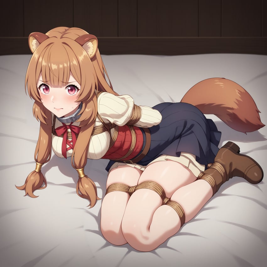 ai_generated animal_ear_fluff animal_ears animal_tail arms_behind_back arms_tied ass bdsm bereft blush bondage brown_footwear brown_hair clothed collar embarrassed laying_on_bed looking_at_viewer medium_breasts metal_collar on_side purple_eyes raccoon_ears raccoon_tail raphtalia restrained rope_bondage shibari shoes stable_diffusion sweat tail tate_no_yuusha_no_nariagari thighs tied_up wrists_restrained