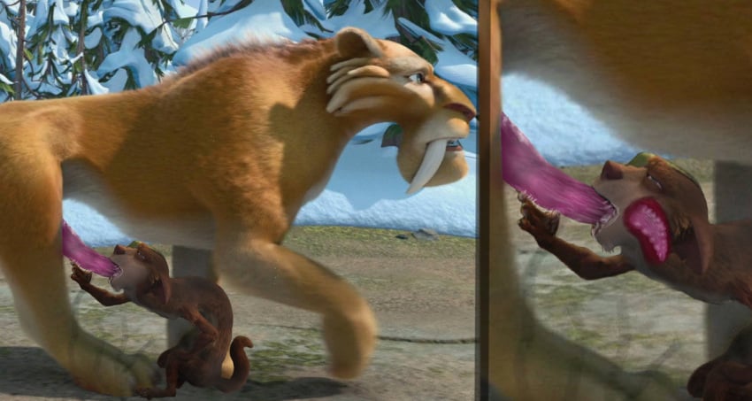 20th_century_fox 20th_century_studios animal_genitalia blue_sky_studios buck_(ice_age) diego_(ice_age) disney edit edited feral gay ice_age_(series) ice_age_dawn_of_the_dinosaurs interal_view internal interspecies male/male oral oral_sex saber-toothed_cat screencap weasel