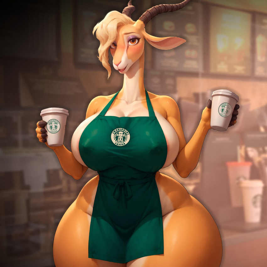 ai_generated anthro big_breasts big_hips coffee disney gazelle gazelle_(zootopia) huge_breasts huge_hips starbucks starbucks_barista thick_thighs viralcat walt_disney zootopia