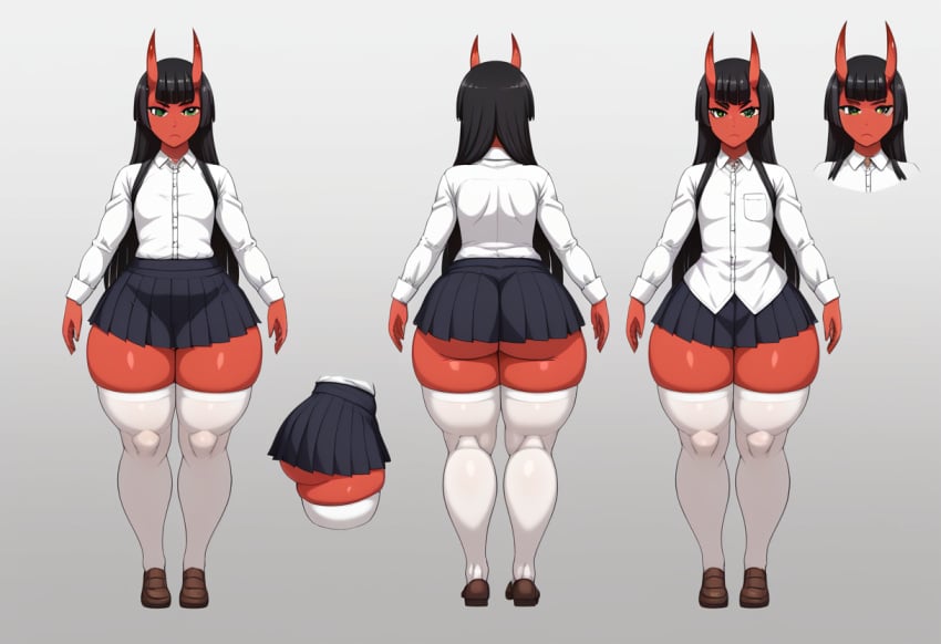 1girls ai_generated annoyed black_hair black_miniskirt black_skirt button_up_shirt character_sheet demon flat_chest green_eyes hime_cut horns huge_ass long_hair long_sleeves miniskirt multiple_views oni_horns original plump red_skin self_upload skindentation skirt thick_thighs thighhighs white_shirt white_thighhighs wide_hips yoshi_tama_(style)