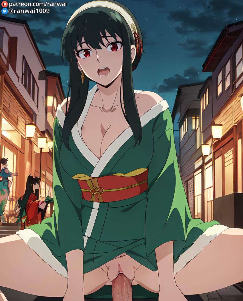 1boy 1girls ai_generated anime background_characters black_hair cowgirl_position female human kimono large_breasts male ranwai red_eyes sex spy_x_family stable_diffusion vaginal_penetration vaginal_sex yor_briar yor_forger