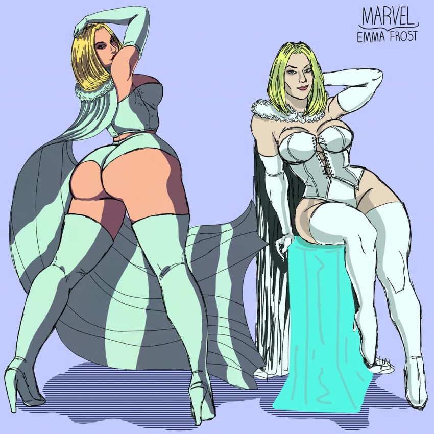 ass big_butt blonde_hair breasts bubble_butt cleavage corset dat_ass emma_frost hellfire_club high_heel_boots high_heels large_breasts marvel marvel_comics masochistmaverick pawg posing posing_for_the_viewer thin_waist white_queen wide_hips x-men