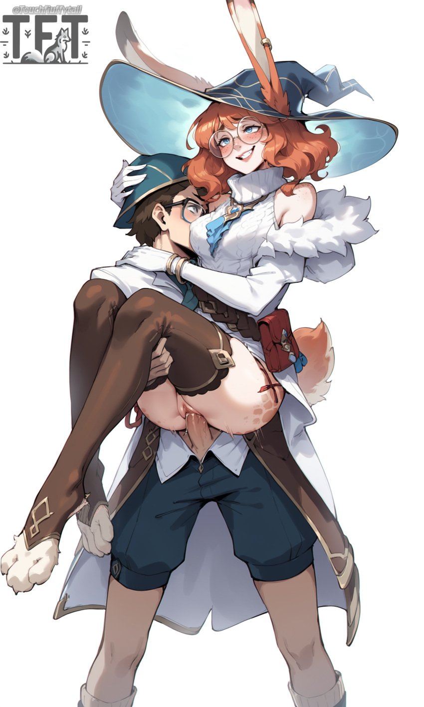 1boy 1girls ai_generated aurora_(league_of_legends) bunny_ears bunny_girl bunny_tail carrying_partner clothed_sex hat league_of_legends male orange_hair penis sex sex_from_behind stand_and_carry_position standing_sex touchfluffytails witch_hat