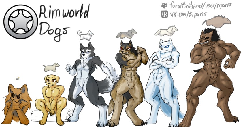 6girls anthro big_breasts black_fur blonde_fur blue_eyes brown_eyes brown_fur canine domestic_dog english_text multiple_girls muscular muscular_female red_eyes rimworld text white_fur