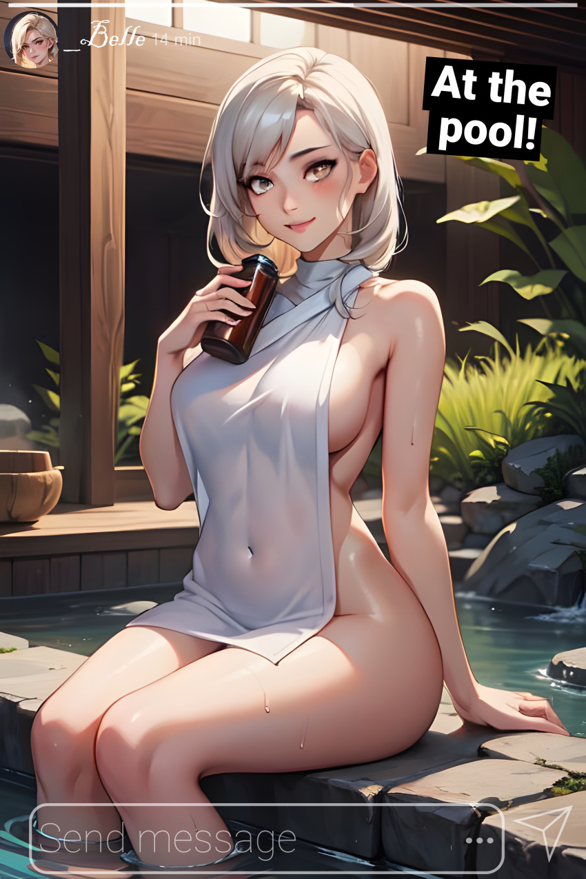 1female 1girls ai_generated background barely_clothed black_dress bottle detailed_background female half-dressed half_naked holding_object instagram kuku nighttime original_character pool screen_capture screenshot sitting smiling social_media swimming_pool towel water wet wet_body wet_skin white_dress white_hair yellow_eyes