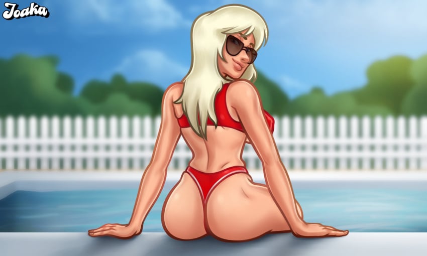 1girls 2d 2d_(artwork) ass athletic athletic_female australian blonde_hair bra breasts cassie_(summertime_saga) clothed clothing digital_drawing_(artwork) digital_media_(artwork) erect_nipples erect_nipples_under_clothes female female_focus female_only glasses joakadraws light-skinned_female light_skin long_hair looking_at_viewer looking_back medium_breasts nipples nipples_visible_through_clothing panties pool poolside pose posing presenting presenting_ass sideboob sitting smile smiling solo solo_focus summertime_saga sunglasses sunlight swimwear water watermark zoey_(summertime_saga)