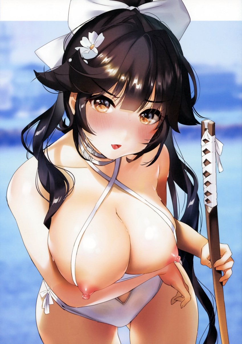 absurdres ass_visible_through_thighs azur_lane black_hair blurry blurry_background blush bow breasts brown_eyes brown_hair cleavage cowboy_shot criss-cross_halter depth_of_field eyebrows_visible_through_hair female flower hair_flaps hair_flower hair_ornament hairbow halterneck highres holding holding_sword holding_weapon huge_filesize katana large_breasts leaning_forward long_hair nipples ogino_atsuki one-piece_swimsuit parted_lips ponytail scan smile solo sweat sweating_profusely swimsuit sword takao_(azur_lane) weapon white_bow white_flower white_swimsuit