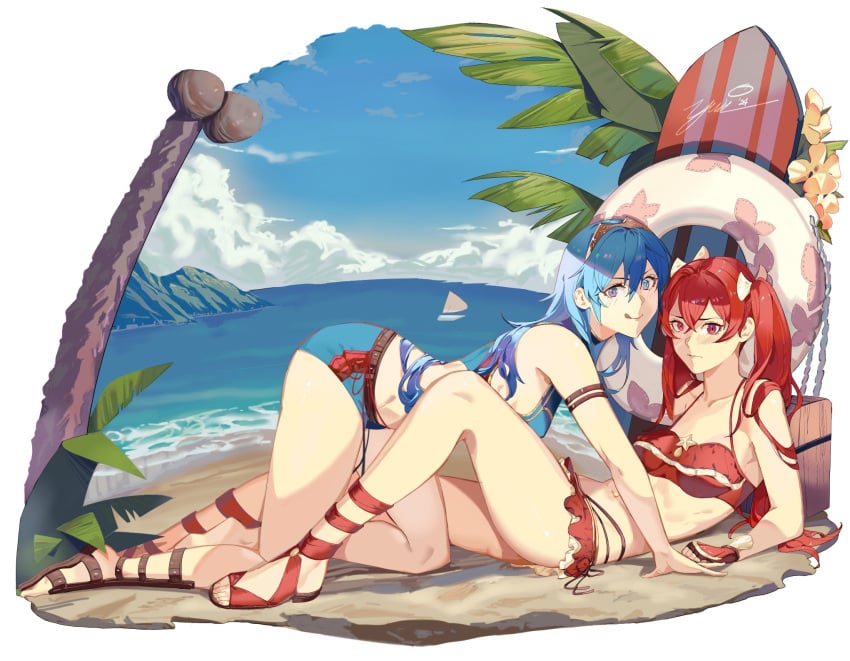 2girls all_fours alternate_costume beach bikini bikini_skirt blue_bikini blue_eyes blue_swimsuit blush boat coconut coconut_tree cordelia_(fire_emblem) cordelia_(fire_emblem)_(cosplay) cordelia_(summer)_(fire_emblem) cosplay female female_only fire_emblem fire_emblem_awakening fire_emblem_cipher fire_emblem_heroes flower frilled_bikini frills gladiator_sandals highres legs licking_lips looking_at_viewer lucina_(fire_emblem) multiple_girls nintendo ocean official_alternate_costume palm_tree red_bikini red_hair red_swimsuit sand sandals severa_(fire_emblem) sports_bikini surfboard swim_ring swimsuit tiara toes tongue tongue_out tree twintails watercraft yuri yusi_vishnu