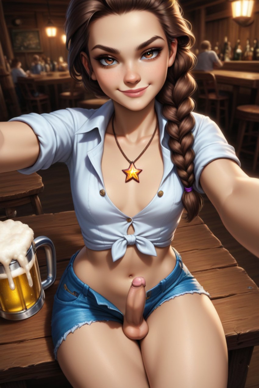 1femboy 1futa ai_generated bar braid braided_hair braided_ponytail brown_eyes brown_hair button_down_shirt cheeky curvy curvy_figure erect_penis erection estrella_(lpyxel) femboy from_above futanari futanari hair_braid hourglass_figure jean_shorts latina lpyxel necklace open_clothes open_shorts original original_character pub public public_nudity seductive seductive_eyes seductive_look seductive_smile selfie sitting sitting_on_table small_balls small_breasts small_penis smile star_pendant tavern thick_thighs tied_shirt viewed_from_above wide_hips