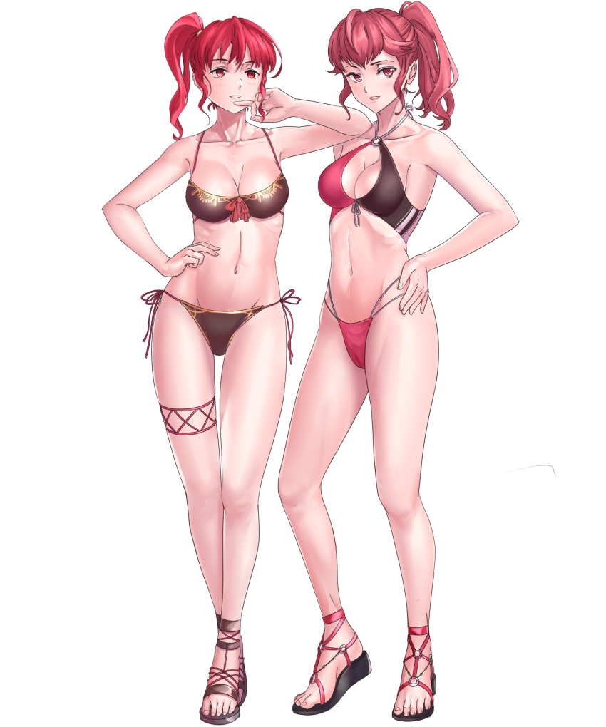 2girls anna_(fire_emblem) anna_(fire_emblem_heroes) artist_request bare_arms bare_legs bare_midriff bare_shoulders bikini blush breasts cleavage damsefly female female_only finger_to_mouth fire_emblem fire_emblem_heroes hand_on_hip highres medium_breasts midriff multiple_girls navel o-ring o-ring_bikini o-ring_top open_mouth open_toe_shoes ponytail red_eyes red_hair sandals side-tie_bikini side_ponytail sidelocks smile swimsuit transparent_background wedge_heels