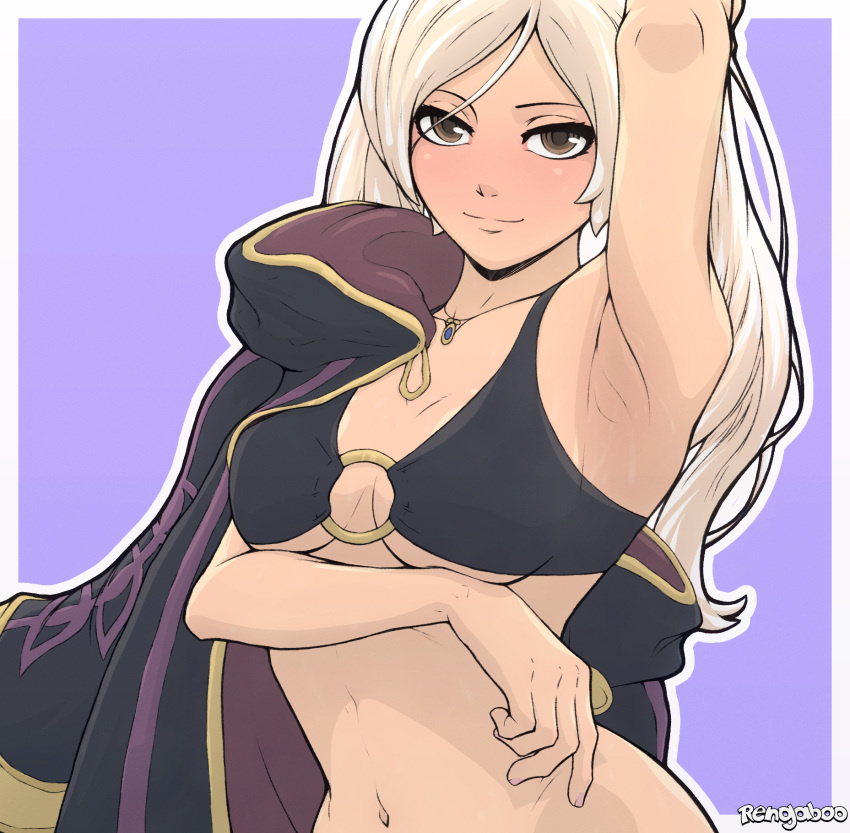 1girls accessory alternate_costume arm_under_breasts arm_up armpit_fetish armpits bare_midriff bedroom_eyes bikini bikini_top black_bikini black_swimsuit bottomless breasts brown_eyes coat female female_only fire_emblem fire_emblem_awakening fire_emblem_heroes long_hair looking_at_viewer medium_breasts midriff navel necklace nintendo o-ring o-ring_bikini official_alternate_costume pose purple_background rengaboo robin_(female)_(summer)_(fire_emblem) robin_(fire_emblem) robin_(fire_emblem)_(female) seductive smile solo swimsuit teasing twintails underboob undressing untied untied_bikini upper_body white_hair