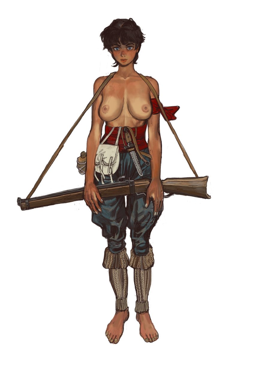 1girls barefoot black_hair blue_eyes breasts casual_topless dark-skinned_female dark_skin female flintlock full_body gun knife large_breasts matchlock mossa nipples nonsexual_nudity pants realistic rifle short_hair soldier solo standing tan topless white_background