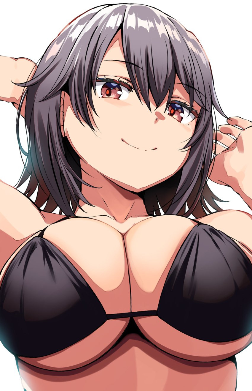 1girls bangs belko big_breasts bikini bikini_top black_bikini black_bikini_top black_hair breasts cleavage dark_hair female hi_res light-skinned_female light_skin my_teen_romantic_comedy_snafu smile smiling_at_viewer solo underboob white_background yukinoshita_haruno