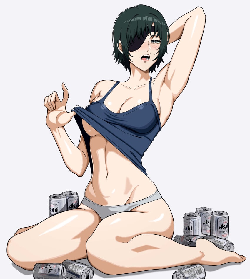 1girls alternate_version_available armpits barefoot beer_can black_eyes blush bottomwear breasts camisole chainsaw_man cleavage dark_green_hair drunk eyepatch eyewear feet female female_only green_hair hair half-closed_eyes hand_behind_head himeno_(chainsaw_man) lifting_clothing mikeypieart panties short_hair solo solo_female thighs topwear white_panties