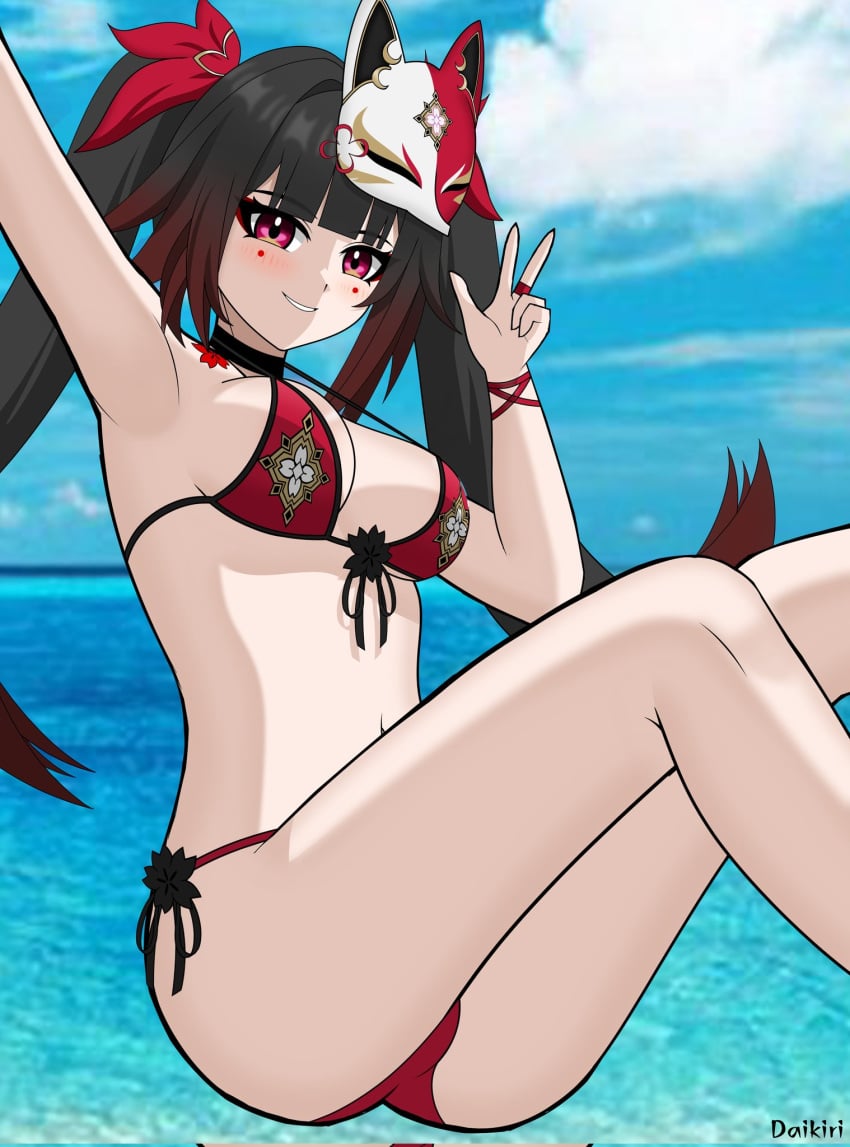 1girls accessory beach bikini black_hair breasts choker daikiri_di_mon hair_ornament honkai:_star_rail honkai_(series) legs looking_at_viewer mask multicolored_hair red_eyes sparkle_(honkai:_star_rail) tattoo