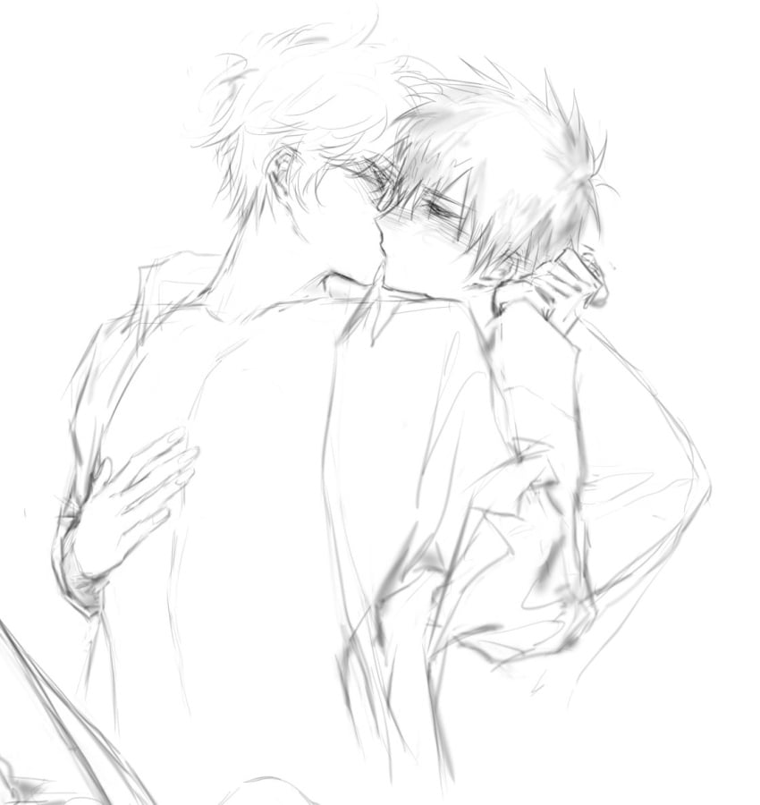 2boys blush class_3-z gay gintama gintoki_sakata glasses hijikata_toshiro kissing male male_only monochrome no_visible_genitalia official_alternate_costume open_shirt rough_sketch sketch teacher teacher_and_student upper_body wy3163561826160 yaoi