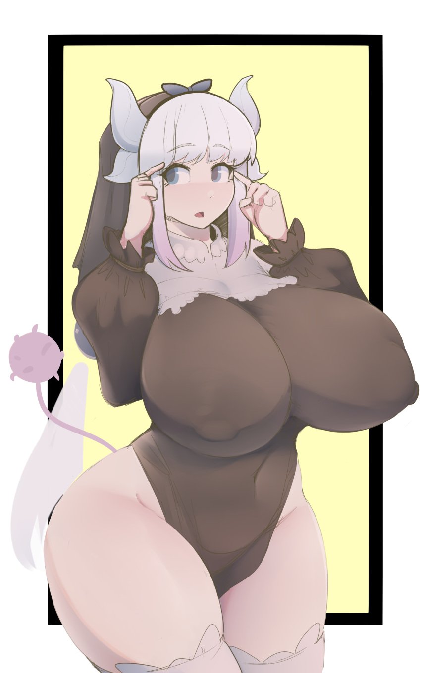 aged_up big_breasts blue_eyes breasts clothed clothed_female clothing covered_erect_nipples dragon_girl erect_nipples female female_only ferdinandus hair_ribbon horns huge_breasts kanna_kamui lavender_hair miss_kobayashi's_dragon_maid navel navel_visible_through_clothes nipple_bulge nipples nun nun's_habit nun_outfit solo solo_female tail thick_thighs thigh_squish thighhighs thunder_thighs wide_hips