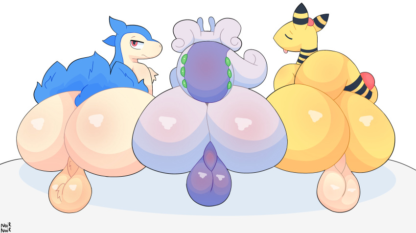 absurd_res ampharos anthro ass backsack balls big_balls big_butt black_stripes blue_body blue_fur closed_eyes fur generation_2_pokemon generation_6_pokemon genitals goodra group hi_res huge_butt looking_back male narrowed_eyes nintendo noirnoir pokemon pokemon_(species) presenting purple_body raised_tail red_eyes simple_background stripes tail tan_body tan_fur tongue tongue_out trio typhlosion yellow_body