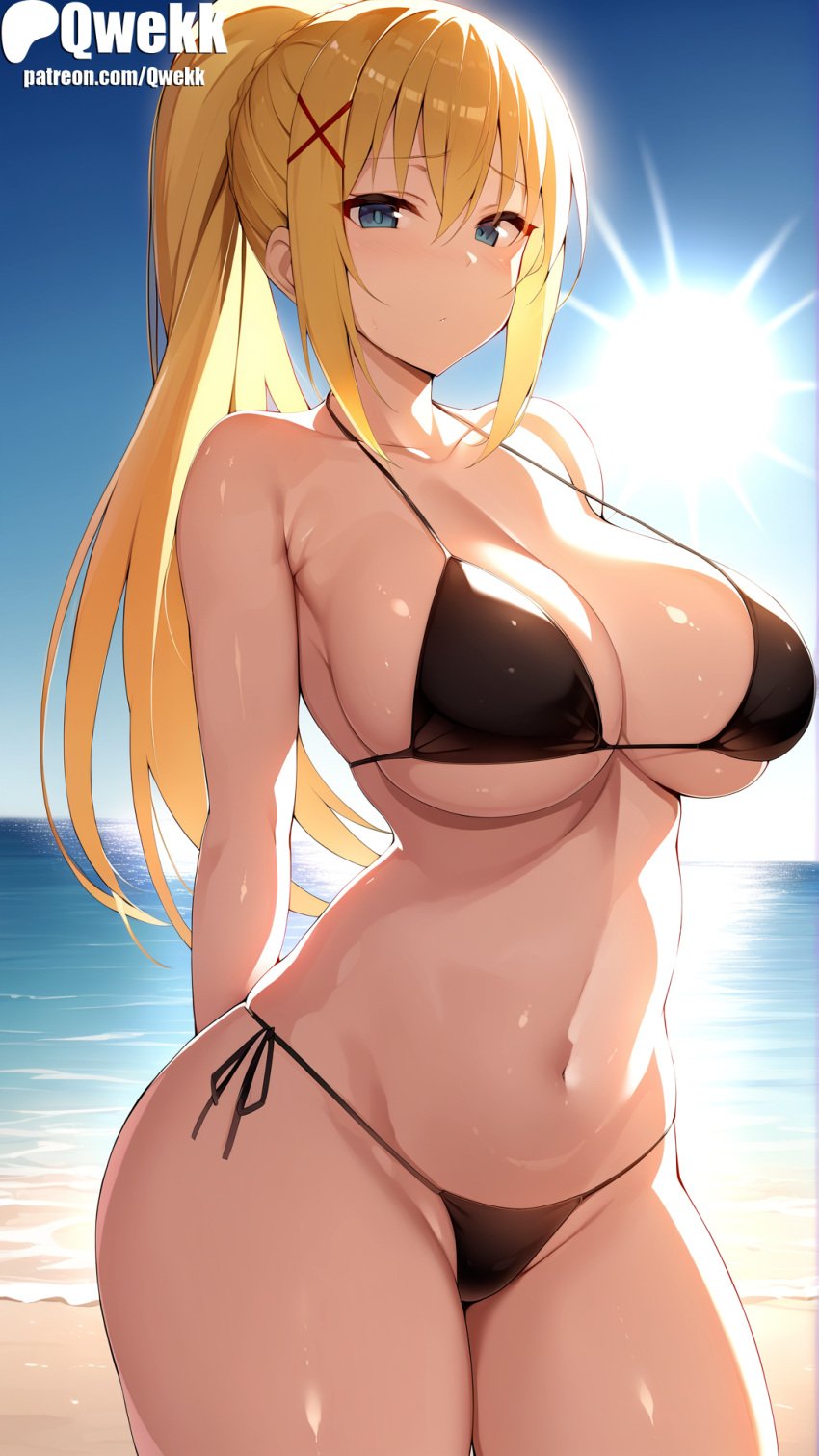 1girls ai_generated big_breasts blonde_hair breasts cute darkness_(konosuba) female female_focus female_only kono_subarashii_sekai_ni_shukufuku_wo! large_breasts light-skinned_female light_skin long_hair looking_at_viewer naked qwekk straight_hair sweat