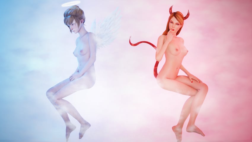 2girls 3d angel angel_and_devil angel_wings completely_nude_female female_only kate_marsh koomer life_is_strange multiple_girls nude nude_female pussy rachel_amber succubus succubus_horns succubus_tail tagme yuri