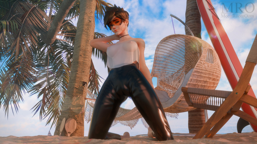 1girls 3d 3d_(artwork) areolae beach beach_background beach_chair blizzard_entertainment breasts choker detailed_background female female_focus female_only goggles hi_res high_resolution highres large_breasts moonroomoom nipples nipples_visible_through_clothing overwatch overwatch_2 palm_tree sand see-through_clothing see-through_top sheer_clothing solo solo_female solo_focus tracer