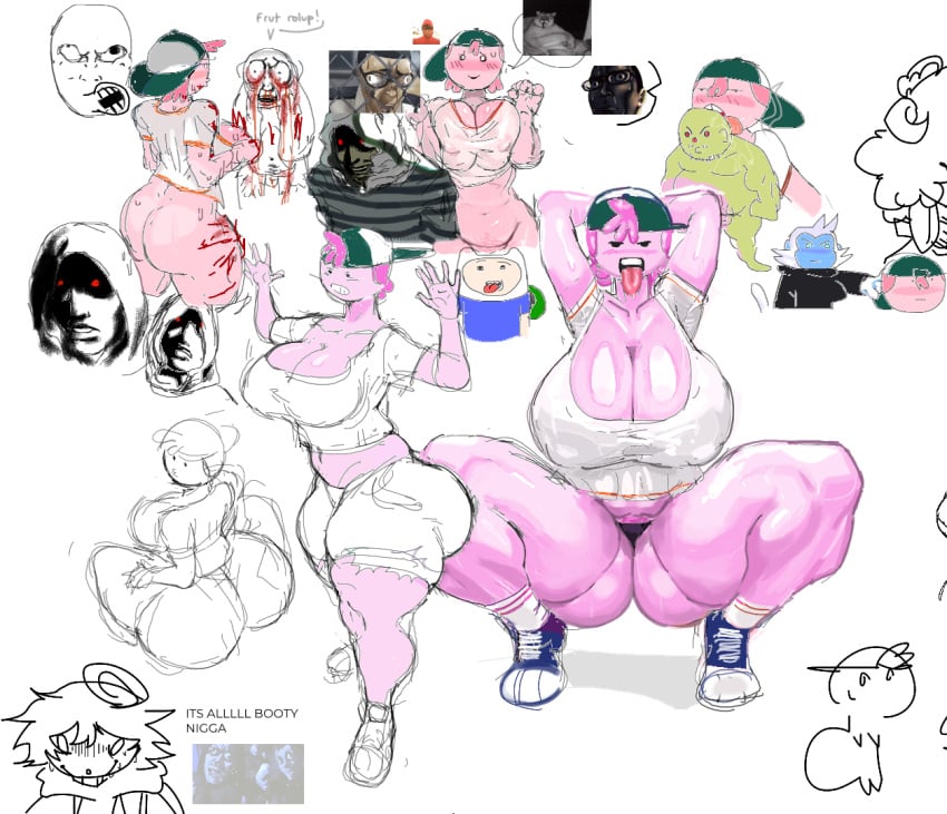 adventure_time aggie.io big_ass big_breasts big_butt blood blue_skin blush cap cartoon_network finn_the_human hands_behind_head legs_apart monkey monkey_girl monkey_humanoid monkey_tail multiple_artists multiple_boys multiple_characters multiple_girls pink pink_body pink_hair pink_skin princess_bubblegum red_eyes shadow_over_eyes sinisterbart_(artist) squatting sweaty sweaty_butt tagme tongue tongue_out white_fur