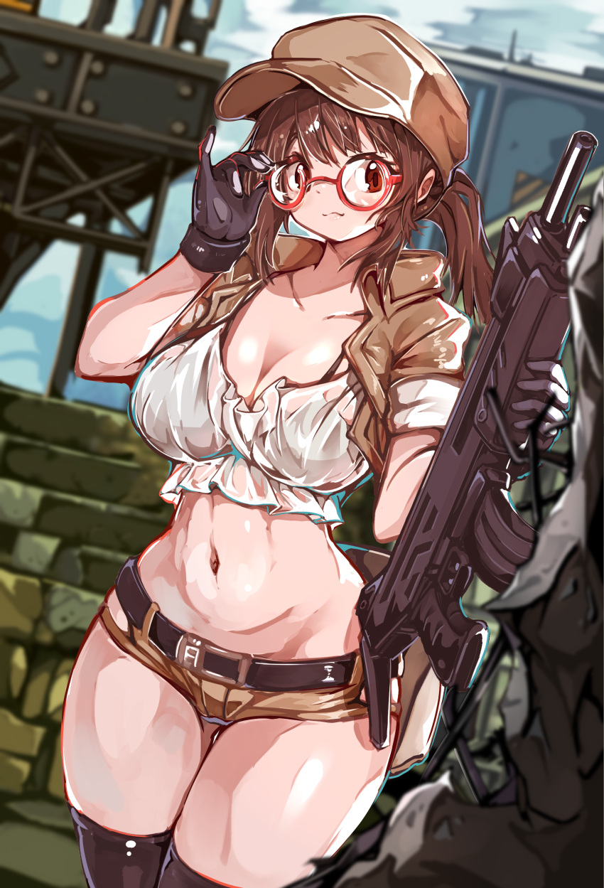 1girls absurd_res belt big_breasts black_thighhighs bra breasts brown_hair cleavage cowboy_shot crop_top curvy fio_germi glasses gloves gun hat hi_res hip_vent holding_object in-game_background metal_slug micro_shorts midriff navel ponytail red_eyes revealing_clothes rifle round_glasses shorts sidelocks snk solo thighhighs thighs vest weapon wet_shirt yume_no_hana_(sbac0019)