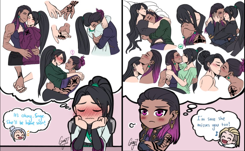 /// 2koma 4girls arm_around_neck arm_scar artist_name black_hair blush brown_eyes bun_hair casual_clothes character_request chibi closed_eyes comic dark-skinned_female dark_skin duo earrings embarrassed embrace embracing_another english english_text eyebrows_visible_through_hair eyelashes_visible_through_hair faces_touching female female_focus female_only full-face_blush gradient_hair grayhoodiee hair_down hair_strand heart highres holding_another holding_hands holding_partner holding_up_other_character hoodie hugging in_bed jett_(valorant) kissing kissing_cheek kissing_neck light-skinned_female light_skin ling_ying_wei long_hair muscular muscular_female naked naked_female ponytail purple_eyes purple_hair reyna_(valorant) riot_games romantic romantic_couple sad sage_(valorant) saliva saliva_string simple_background sitting sova_(valorant) speech_bubble standing tagme thinking thinking_about_another topless topless_female valorant wavy_mouth wholesome yuri