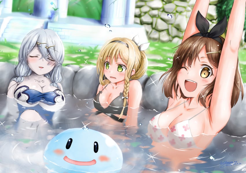 3girls armpits arms_above_head atelier_(series) atelier_ryza bangs bare_shoulders bikini black_bikini blue_swimsuit blush braid breast_envy breasts brown_eyes cleavage closed_eyes commentary_request eyebrows_visible_through_hair flat_chest green_eyes hair_ornament hair_ribbon hairclip hands_up happy highres in_water klaudia_valentz large_breasts lila_decyrus looking_at_viewer medium_breasts multiple_girls one_eye_closed outdoors reisalin_stout ribbon smile swimsuit upper_teeth water white_bikini white_ribbon yukinoshiro