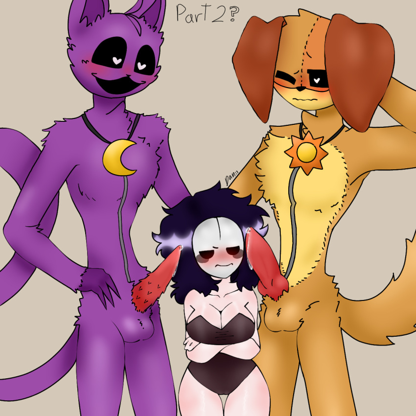 1girls 2boys blue_hair blush bunnysuit canine canine_penis cat_ears erection feline orange_hair pre_sex purple_hair trio