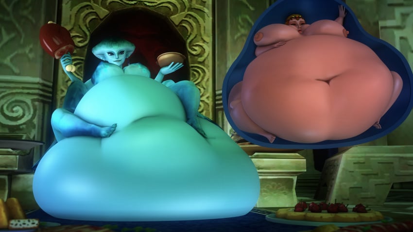 2girls 3d bbw belly big_belly big_breasts blue_skin breasts eating fat female female_pred female_prey fish food huge_belly internal internal_view morbidly_obese nipples obese ocarina_of_time overweight pestilad princess_ruto princess_zelda same_size_vore ssbbw the_legend_of_zelda vore zelda_(ocarina_of_time) zora