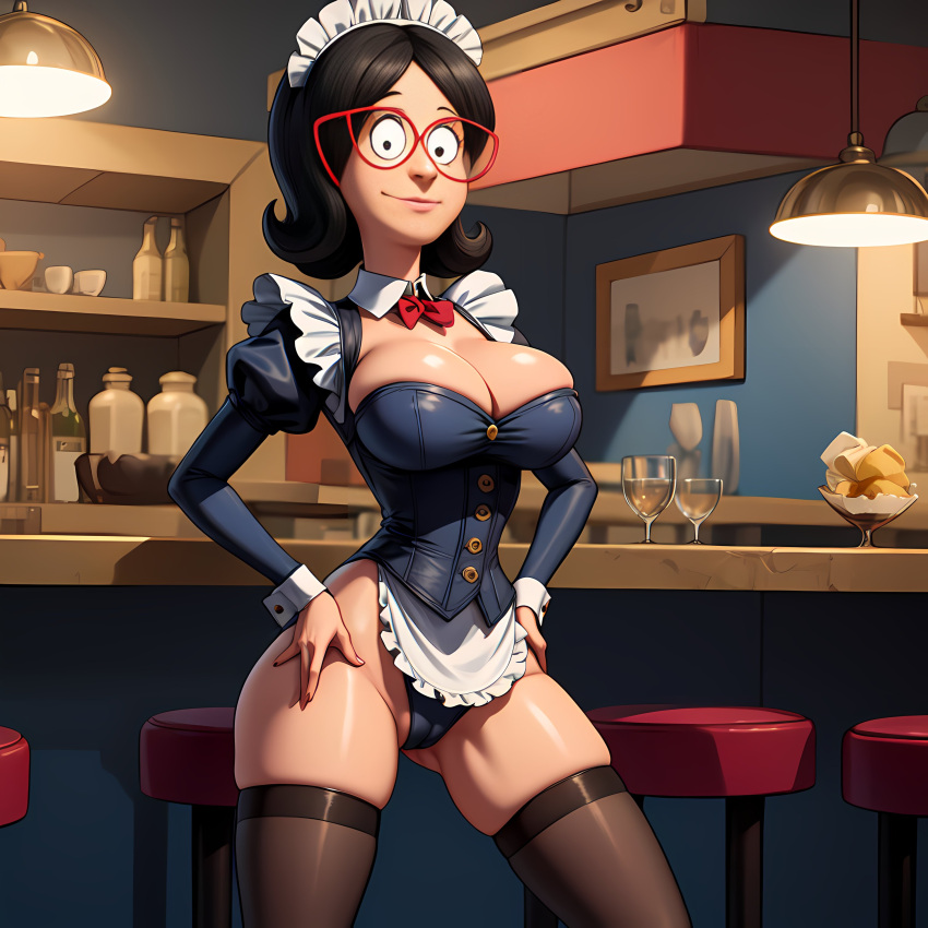 aegis999_(artist) ai_generated big_breasts bob's_burgers glasses linda_belcher looking_at_viewer milf nipples no_bra short_hair thick_thighs thighhighs